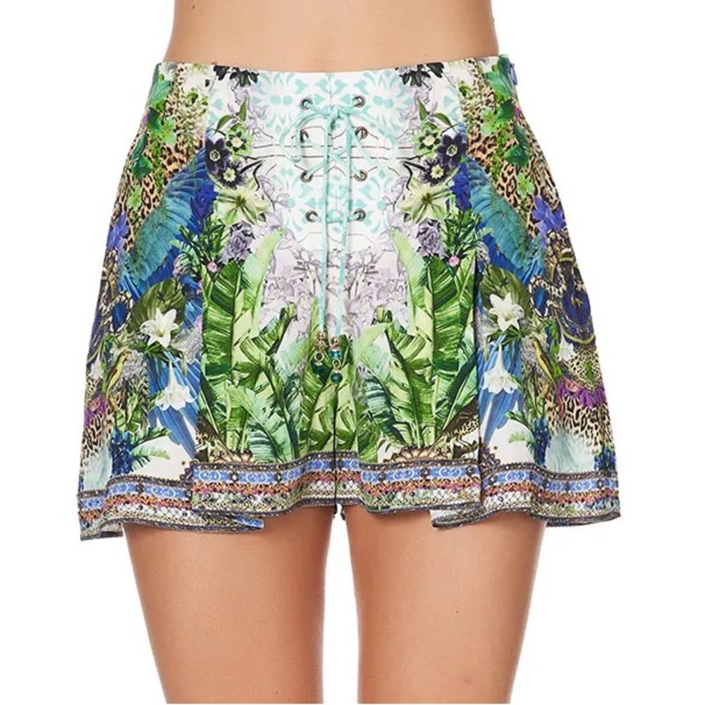 CAMILLA “Moon Garden” silk floral silk lace up boho shorts XS
